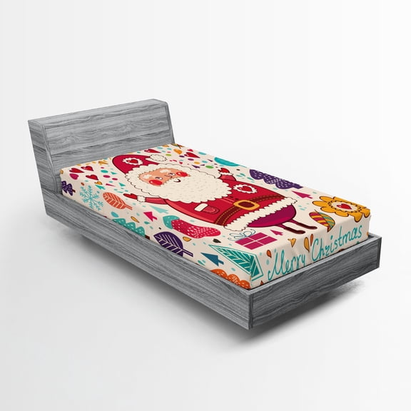 Ambesonne Christmas Fitted Sheet, Vintage Santa, Twin Size, Multicolor