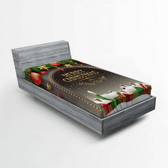 Ambesonne Christmas Fitted Sheet, Vintage Wood Design, Twin XL Size, Multicolor