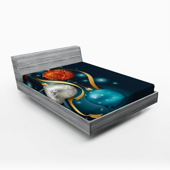 Ambesonne Christmas Fitted Sheet, Vivid Balls Ribbons, Full Size, Petrol Blue Grey Red