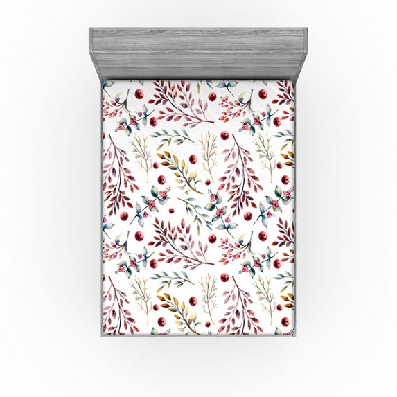 Ambesonne Christmas Fitted Sheet, Winter Branches New Year, Queen Size, Pale Maroon Grey Teal