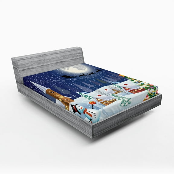 Ambesonne Christmas Fitted Sheet, Winter Landscape, California King, White Blue