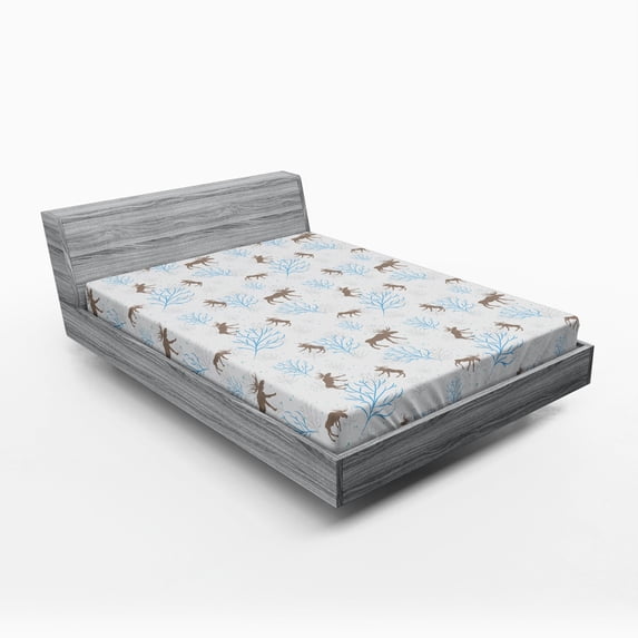 Ambesonne Christmas Fitted Sheet, Winter Retro Forest, Queen Size, Brown Blue
