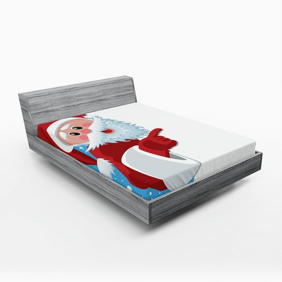Ambesonne Christmas Fitted Sheet, Winter Snow Season Santa, California King, Vermilion Blue and White