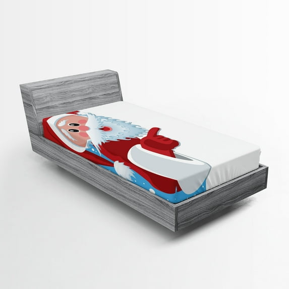 Ambesonne Christmas Fitted Sheet, Winter Snow Season Santa, Twin Size, Vermilion Blue and White