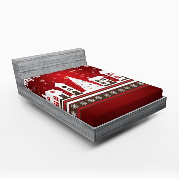 Ambesonne Christmas Fitted Sheet, Winter Theme Tree, Queen Size, White Red