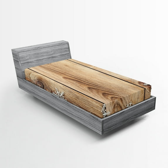 Ambesonne Christmas Fitted Sheet, Wood Plank Snowflakes, Twin XL Size, Brown Pale Brown White