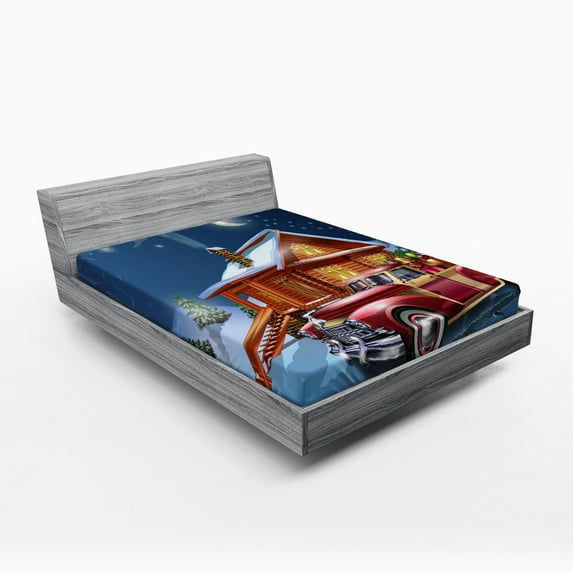 Ambesonne Christmas Fitted Sheet, Wooden Lodge Truck, Queen Size, Multicolor