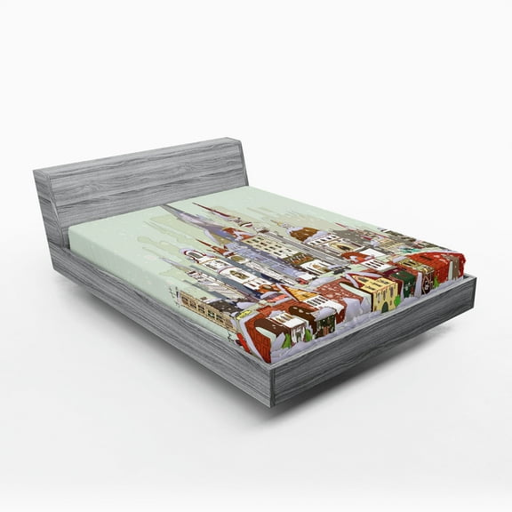 Ambesonne Christmas Fitted Sheet, Xmas City Holiday, Full Size, Pale Green Lavender