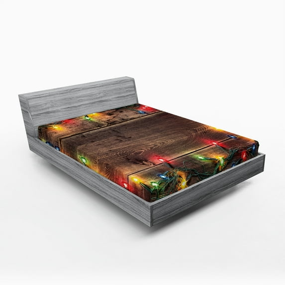 Ambesonne Christmas Fitted Sheet, Xmas Time Wooden Planks, Full Size, Multicolor