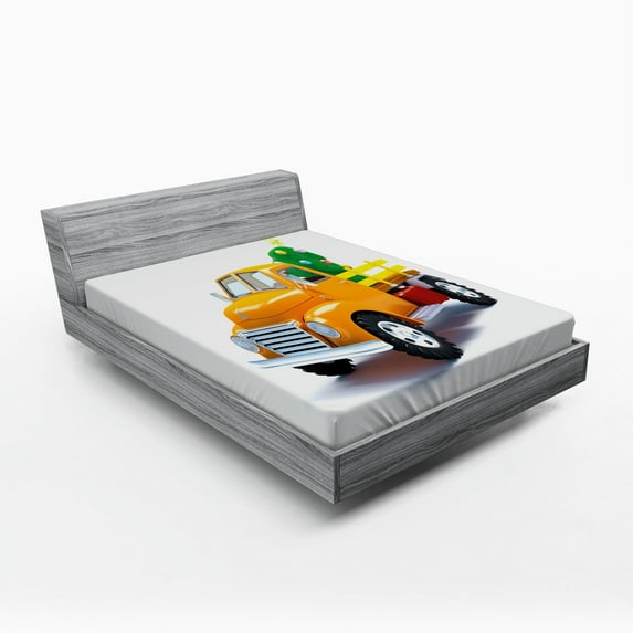 Ambesonne Christmas Fitted Sheet, Yellow Vintage Truck, Queen Size, White Yellow Green