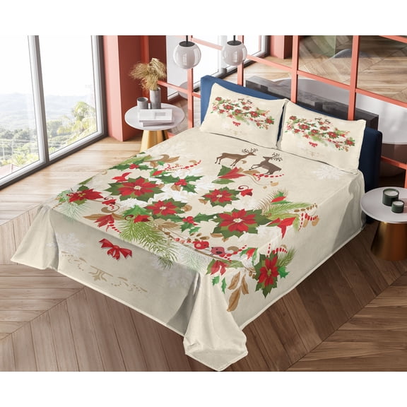 Ambesonne Christmas Fitted & Top Sheet Set with Shams, Flower Reindeer Motif, Multicolor