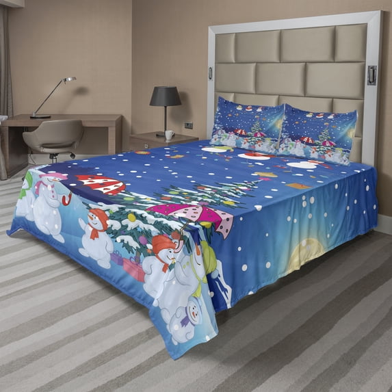 Ambesonne Christmas Fitted & Top Sheet Set with Shams, Snowman Party, Multicolor