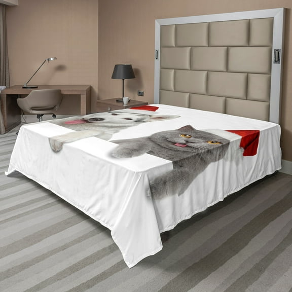 Ambesonne Christmas Flat Sheet, Animals Red Hats, California King, White Grey Red