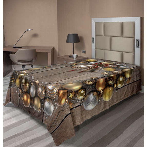 Ambesonne Christmas Flat Sheet, Baubles on Rustic Wood, Twin Size, Multicolor