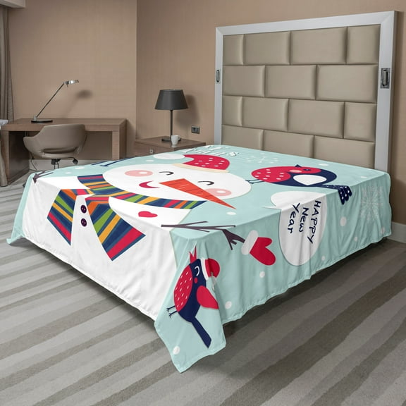 Ambesonne Christmas Flat Sheet, Bird Snow Xmas Theme, King Size, Blue White