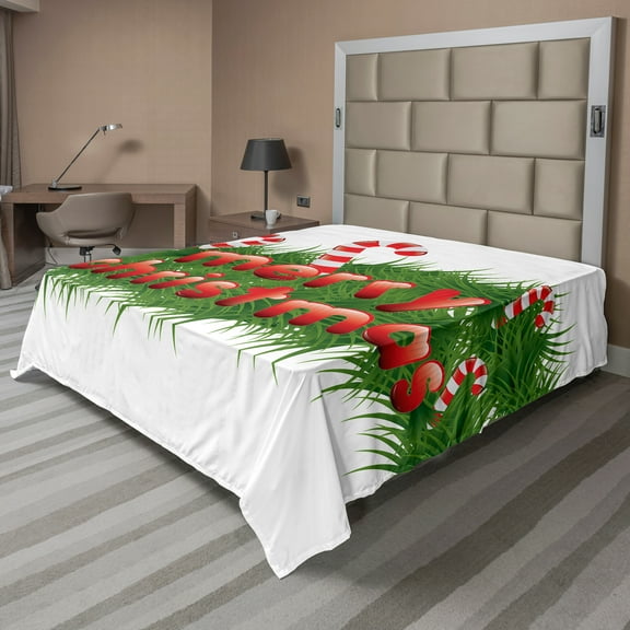 Ambesonne Christmas Flat Sheet, Candy Canes Garland, Full Size, Emerald Red