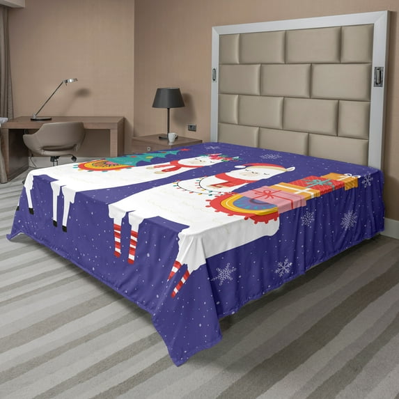 Ambesonne Christmas Flat Sheet, Cartoon Noel Llamas, Queen Size, Dark Lavender Multicolor