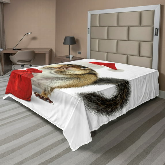 Ambesonne Christmas Flat Sheet, Squirrel in Santa Hat, Queen Size, Pale Yellow White Red