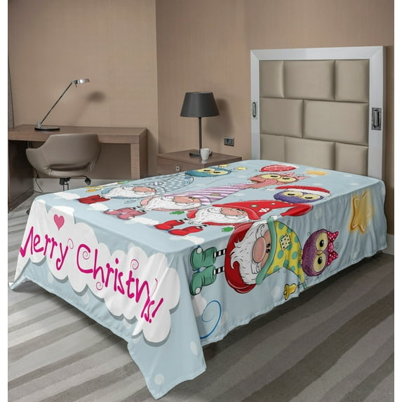 Ambesonne Christmas Flat Sheet, Colorful Gnomes and Owls, Twin Size, Pale Blue Multicolor