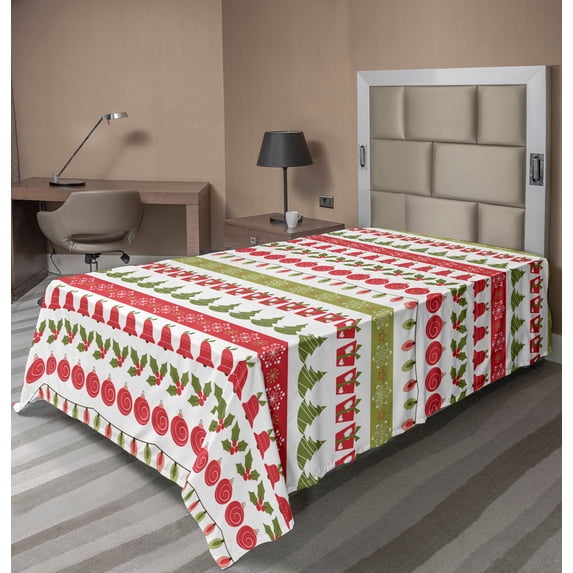 Ambesonne Christmas Flat Sheet, December Holiday, TwinXL Size, Fern Green Dark Coral