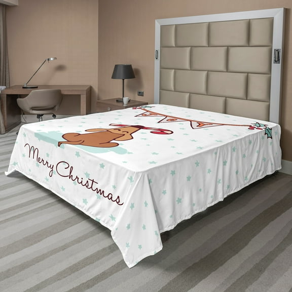 Ambesonne Christmas Flat Sheet, Dog with Xmas Candy Cane, Queen Size, Pale Turquoise and Ginger