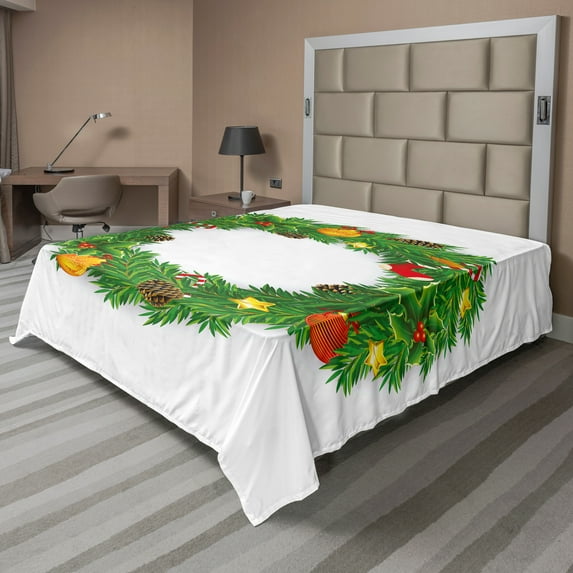 Ambesonne Christmas Flat Sheet, Dressed Wreath, Queen Size, Multicolor