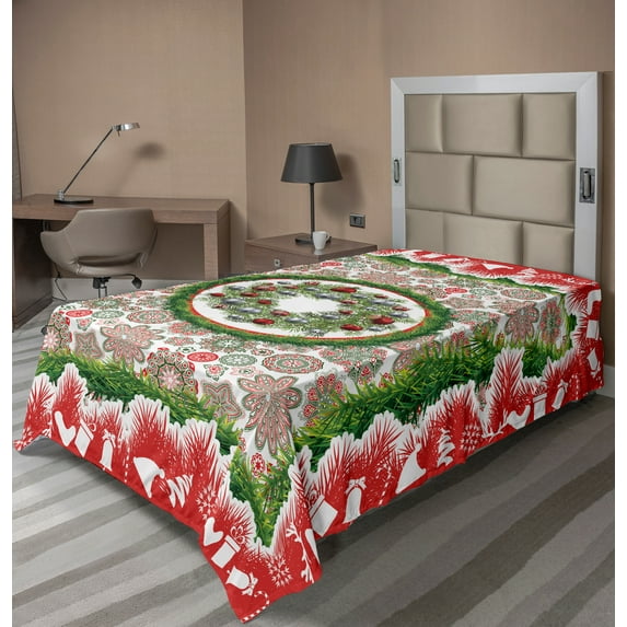 Ambesonne Christmas Flat Sheet, Fir Wreath Ornaments, TwinXL Size, Multicolor