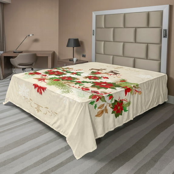 Ambesonne Christmas Flat Sheet, Flower Reindeer Motif, King Size, Multicolor