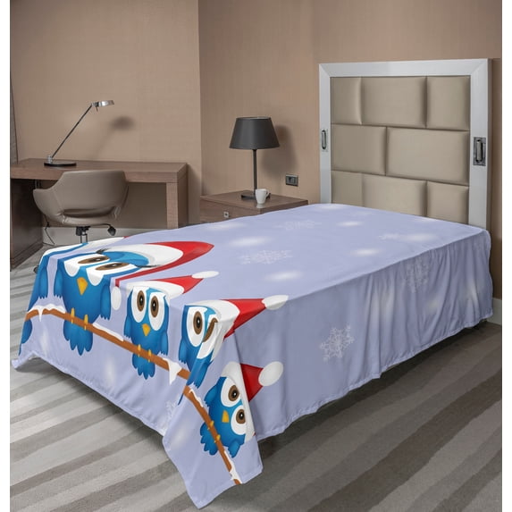 Ambesonne Christmas Flat Sheet, Fun Birds Santa Hats, TwinXL Size, Blue Red