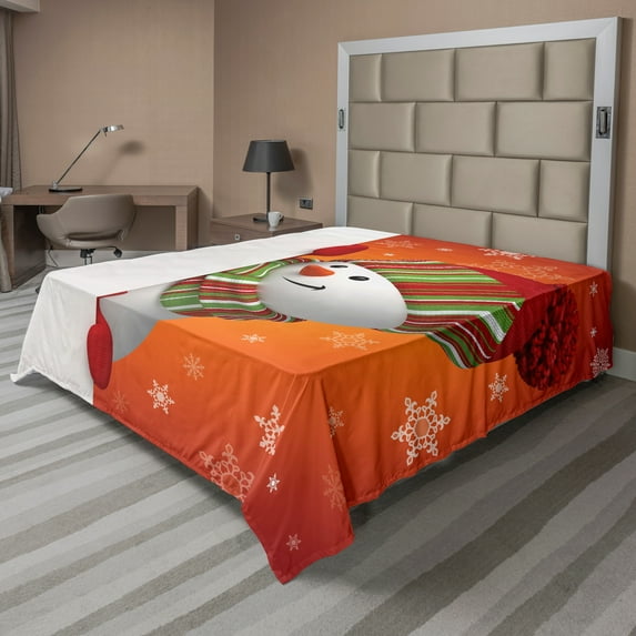 Ambesonne Christmas Flat Sheet, Funny Snowman Santa, Queen Size, Orange White