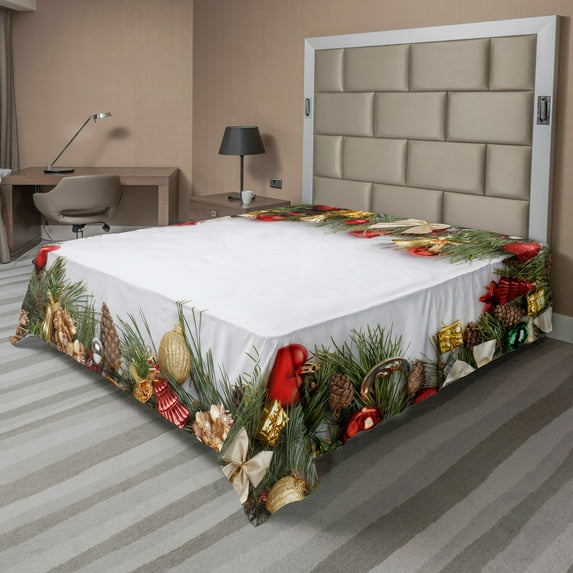 Ambesonne Christmas Flat Sheet, Garland Frame Noel Art, King Size, Multicolor