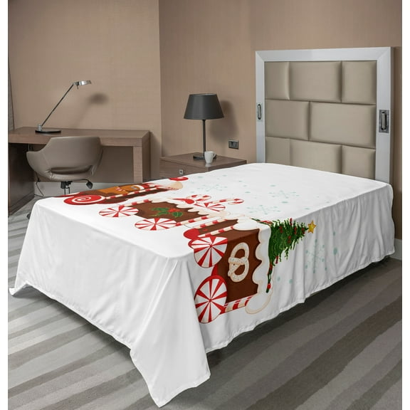 Ambesonne Christmas Flat Sheet, Gingerbread Train, TwinXL Size, White Brown Vermilion
