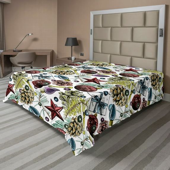 Ambesonne Christmas Flat Sheet, New Year Holiday Objects, California King, White Multicolor