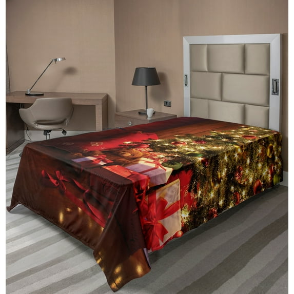 Ambesonne Christmas Flat Sheet, New Year Xmas Trees, TwinXL Size, Red Yellow