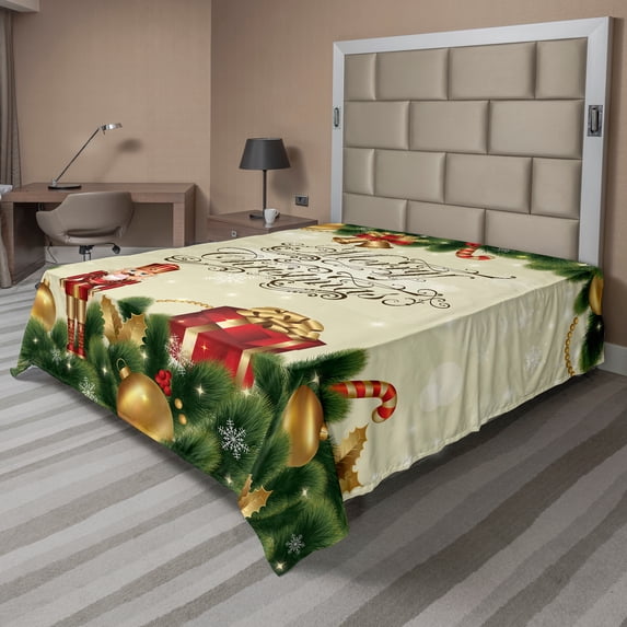 Ambesonne Christmas Flat Sheet, Noel Ribbons, Full Size, Multicolor