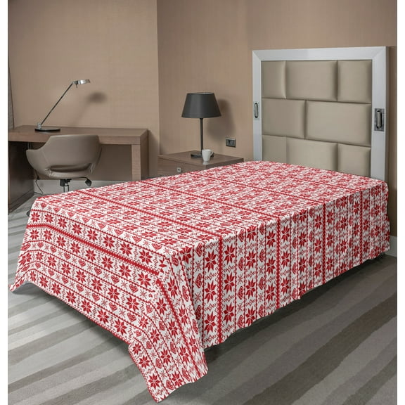 Ambesonne Christmas Flat Sheet, Nordic Borders, TwinXL Size, Orange White