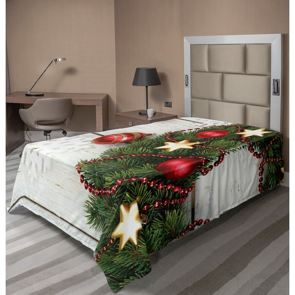 Ambesonne Christmas Flat Sheet, Ornament and Pine, TwinXL Size, Green Red
