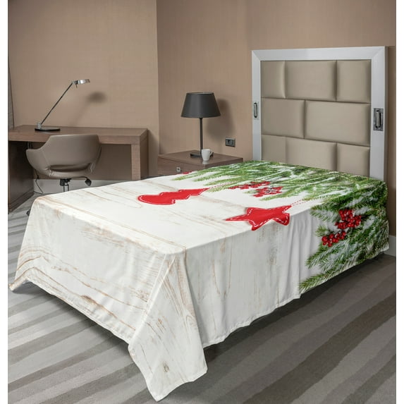 Ambesonne Christmas Flat Sheet, Ornaments and Berries, TwinXL Size, Beige and Red