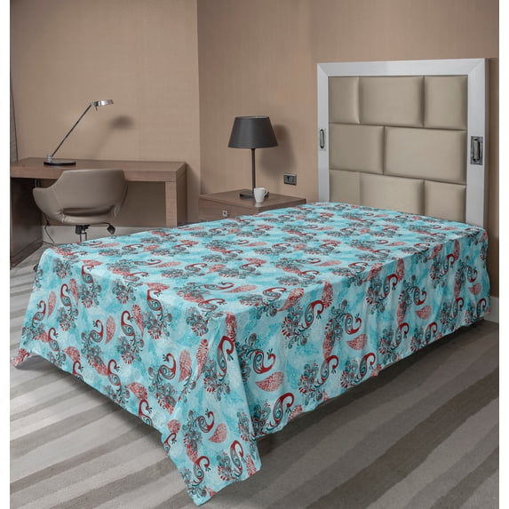 Ambesonne Christmas Flat Sheet, Peacocks Snowflakes, TwinXL Size, Sky Blue Red