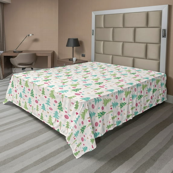 Ambesonne Christmas Flat Sheet, Pine Trees Heart Motifs, Full Size, Pearl and Multicolor