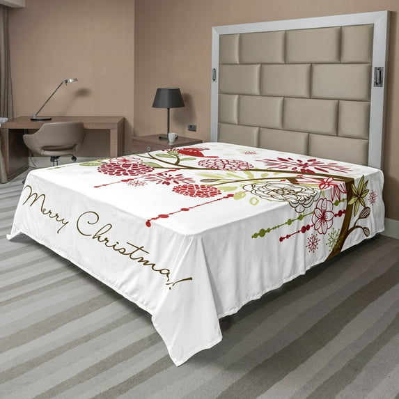 Ambesonne Christmas Flat Sheet, Red Bird Floral Tree, King Size, Green White