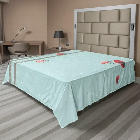 Ambesonne Christmas Flat Sheet, Red Bird Winter, California King, Seafoam Coral