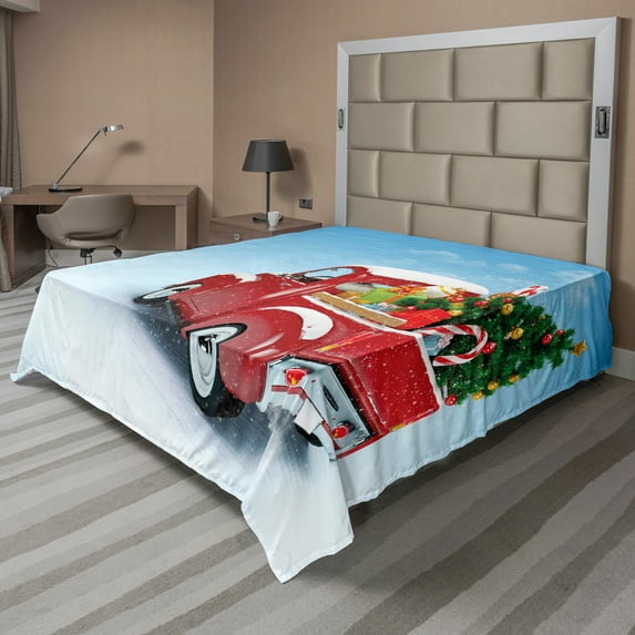 Ambesonne Christmas Flat Sheet, Red Truck Xmas Tree, Queen Size, Blue Red