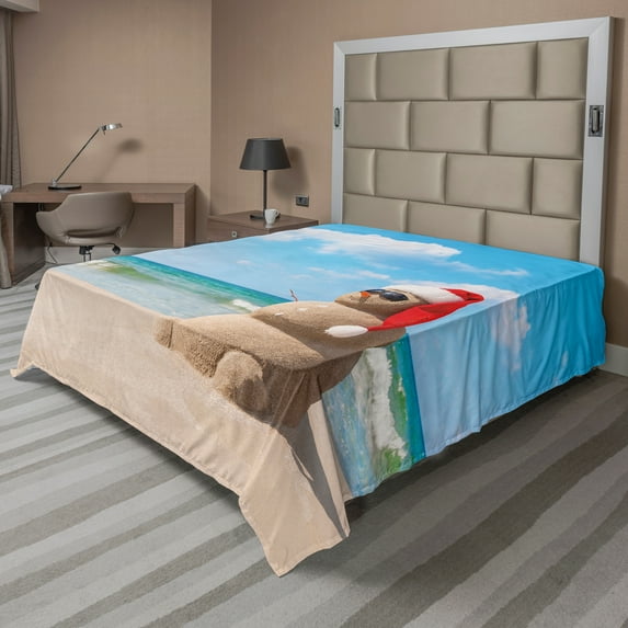 Ambesonne Christmas Flat Sheet, Sandman with Santa Hat, King Size, Blue Cream