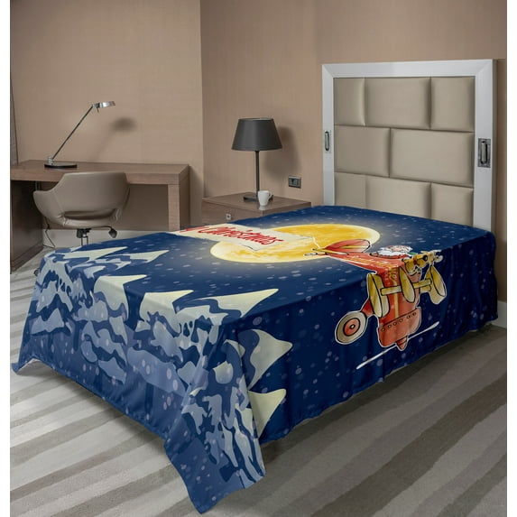 Ambesonne Christmas Flat Sheet, Santa Claus Airline, TwinXL Size, Dark Blue Marigold Red