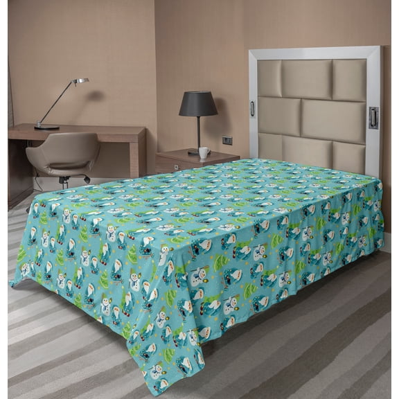 Ambesonne Christmas Flat Sheet, Santa Claus Trees Snowman, TwinXL Size, Lime Green Multicolor
