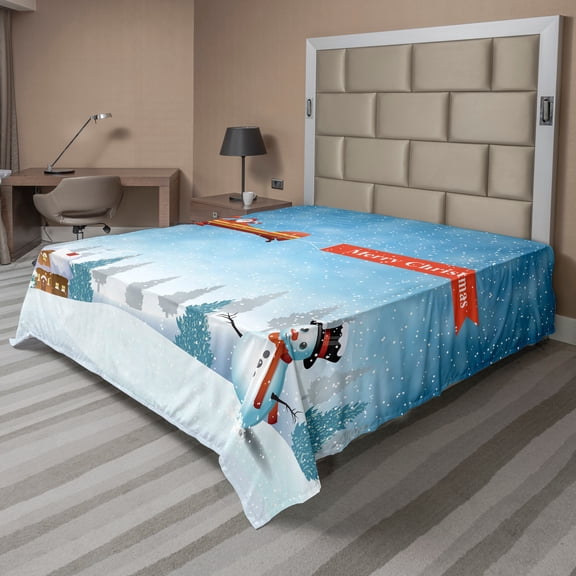 Ambesonne Christmas Flat Sheet, Santa Plane Snowman, Queen Size, Blue Orange