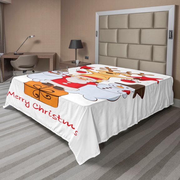 Ambesonne Christmas Flat Sheet, Santa Snowman Reindeer, Queen Size, White Vermilion Mustard