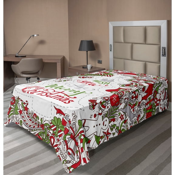 Ambesonne Christmas Flat Sheet, Santa Snowman Wishes, TwinXL Size, Multicolor