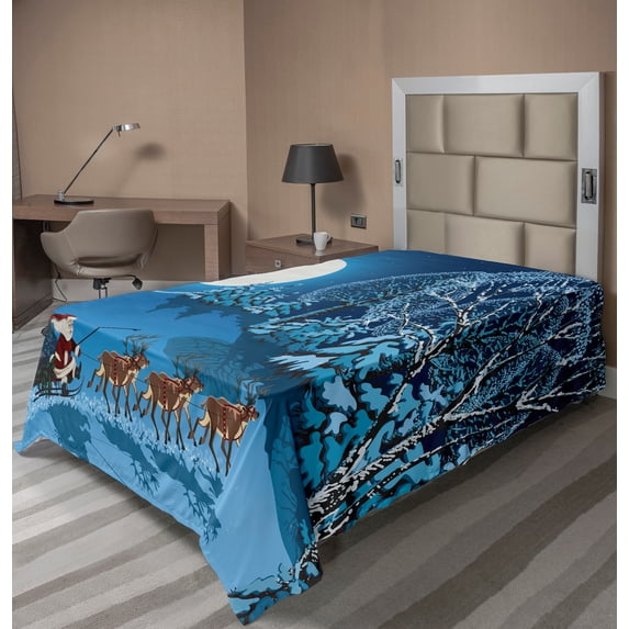 Ambesonne Christmas Flat Sheet, Santa Winter Forest, TwinXL Size, Navy Blue